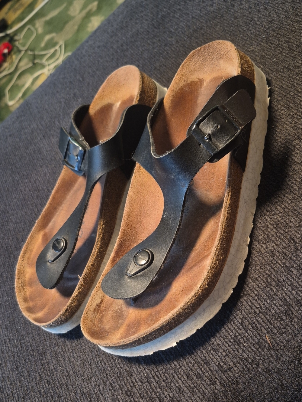 Papillio Black Leather T-Strap Sandals with White Sole